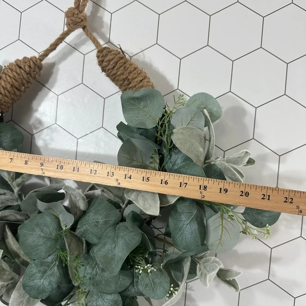 Faux Eucalyptus Lambs Ear Wreath Rustic Jute Rope Hanger‎ Mixed Greenery 22in